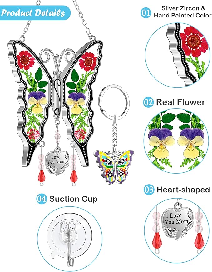 KY&BOSAM Butterfly Suncatcher Gifts for Mom for Windows Hangings I Love You Mom Pressed Flower Between Wings Glass Metal Engraved Charm Birthday Gifts for Women Mom Mother's Day Valentine's Christmas