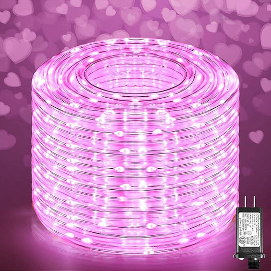 Easter Rope Lights Outdoor, 100FT 300 LED Christmas String Lights with Waterproof 8 Modes, Connectable Clear Tube Twinkle Light for Indoor Bedroom Patio Fence Party Wedding Decorations, Pink