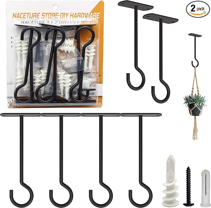 NACETURE Ceiling Hooks Heavy Duty 6 Pack - Plant Hooks for Ceiling Hanging Hook for Hanging Basket Hook, Light, Bird Feeders, Wind Chimes Décor Indoor & Outdoor (5" Black 6 Pack)