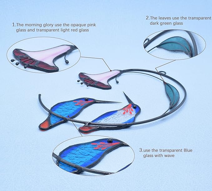 Lolitarcrafts Hummingbird with Flower Stained Glass Suncatcher Bird Stained Glass Window Hangings Hummingbird Gift for Home Decor (Blue 1 Pair)