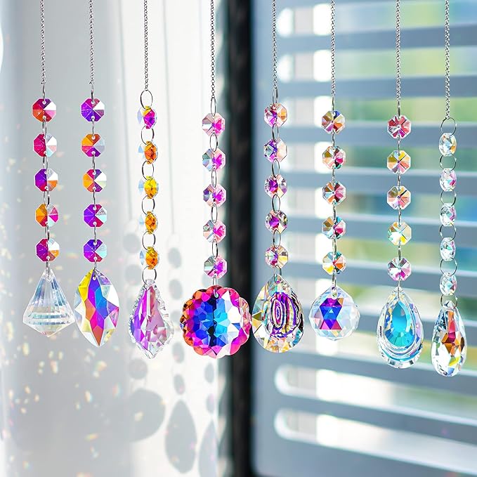 KANPURA 9 PCS Crystal Rainbow Suncatchers, Hanging Crystals Sun Catchers with Chain for Windows, Colorful Suncatcher Prism Pendant Hanging Crystals for Home Wedding Decor