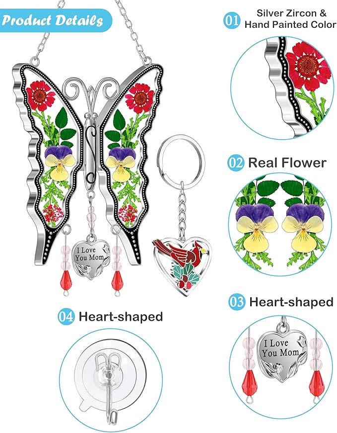 KY&BOSAM Butterfly Suncatcher I Love You Mom Gifts for Mom Pressed Flower Between Wings Glass for Windows Metal Engraved Charm as Gifts for Mother's Day Valentine's Birthday Thanksgiving Christmas