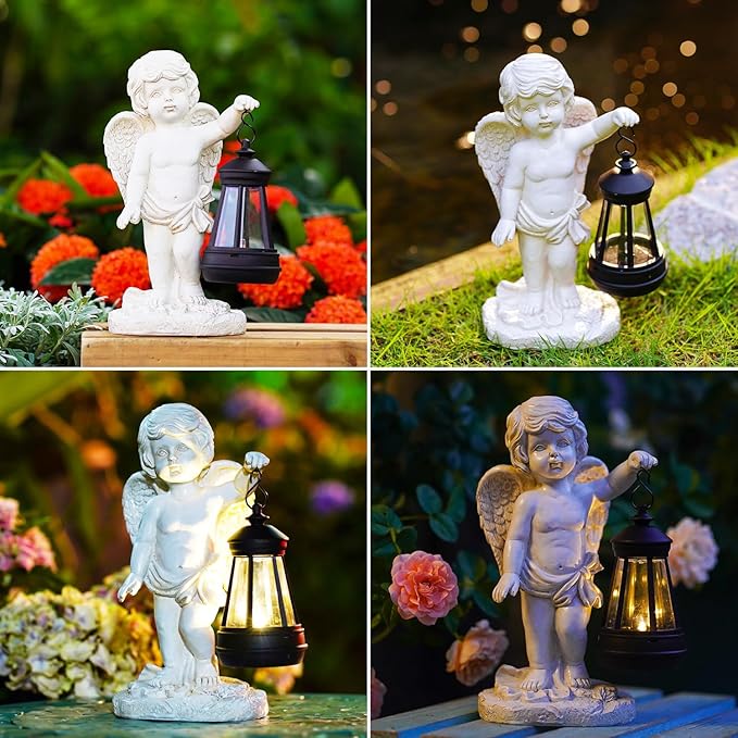 Goodeco Cherub Statue with Solar Lantern - Angel Statue for Garden Patio Yard Porch Lawn Outdoor Decor, Angel Figurines Memorial Spiritual Gifts