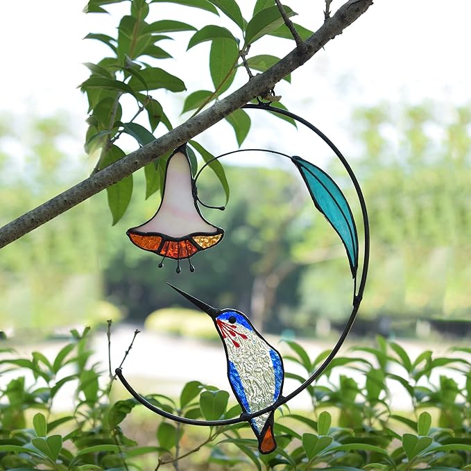 Lolitarcrafts Hummingbird with Flower Stained Glass Suncatcher Bird Stained Glass Window Hangings Hummingbird Gift for Home Decor (Blue)