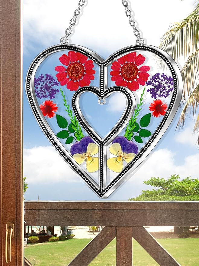 KY&BOSAM Heart Suncatchers DIY Stained Glass Hangings for Windows Wind Chimes Home Gardner Decor with Pressed Real Flowers Heart No Charm Birthday Gifts for Women Mother`s Day Christmas Ornamets