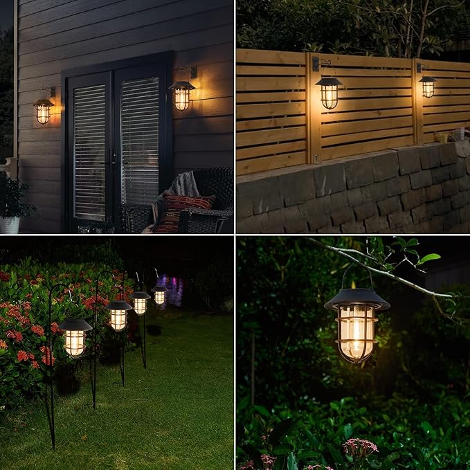 Solar Lantern Outdoor Hanging Solar Lights, Waterproof Metal Solar Outdoor Lights with Clear Glass, LED Edison Bulbs Cordless Decorative Aluminum Wall Lantern with Hooks, Bronze