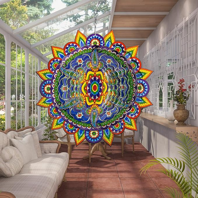 Mandala Wind Spinners, 3D Metal Wind Spinners Outdoor for Yard and Garden,12inch Stainless Steel Hanging Wind Spinners, Kinetic Yard Art Garden Decor Ornament Gifts