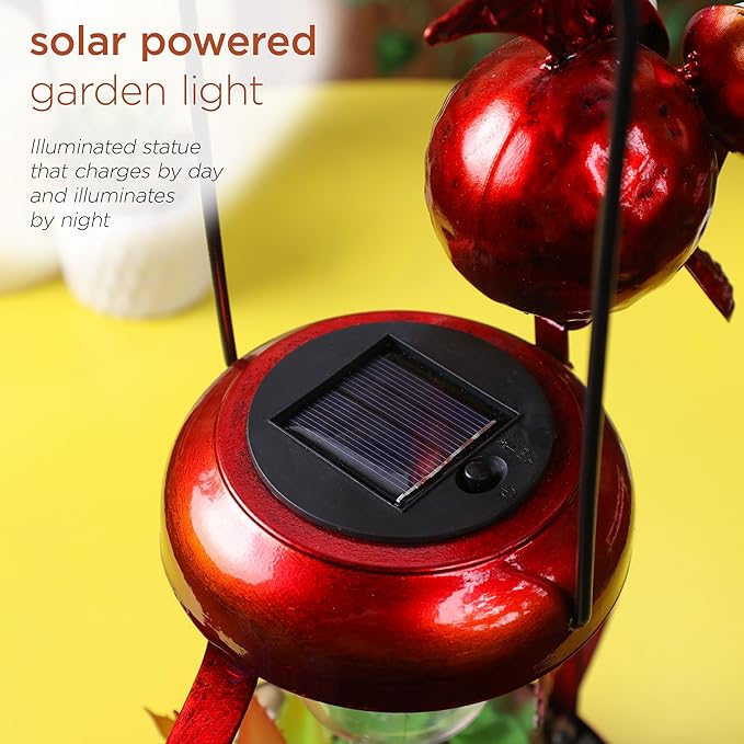 Alpine Corporation LYT286SLR-HH Solar-Powered Metal Rooster w/Garden Enclosed LED Light Decor, Solar Patio Decor, 16''H, Red