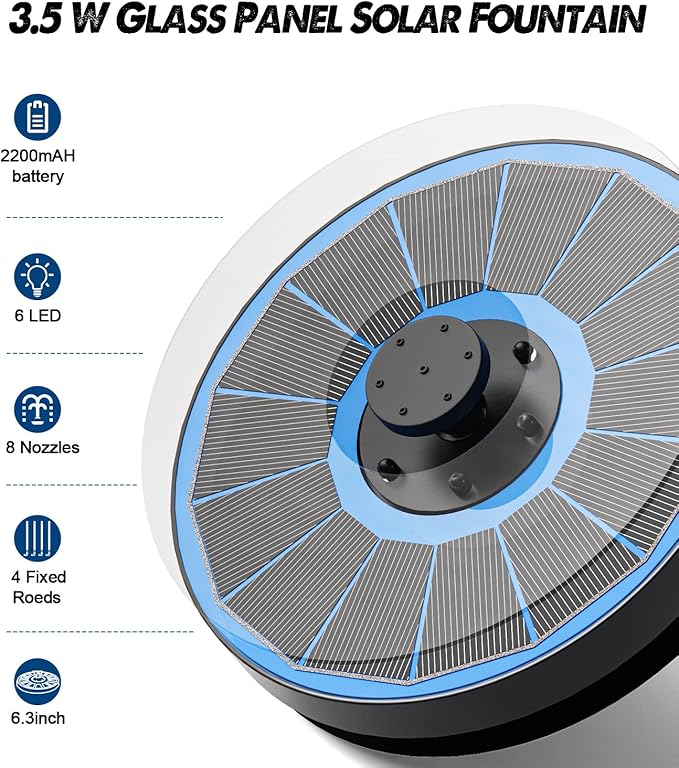 Solar Fountain Glass Panel with 2200 mah Battery, 3.5W Floating Solar Water Fountain with 4 Fixed Rods, Solar Fountain Pump for Bird Bath, Garden, Pond, Pool, Outdoor-White Lights