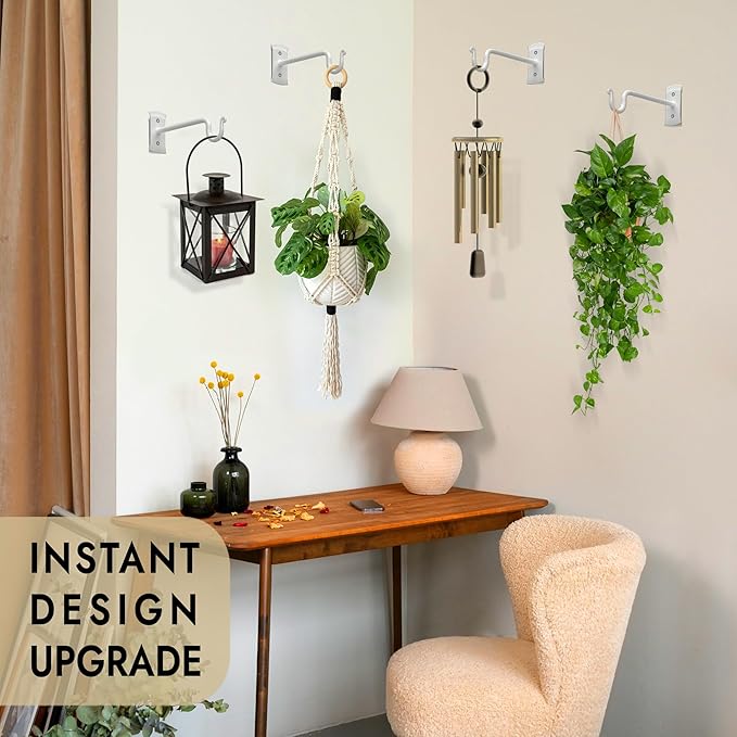 RTZEN Plant Hangers Outdoor or Indoor - Wrought Iron Metal Hanger Indoor Hook - Heavy Duty Wall Bracket Hooks for Hanging Plants Baskets Lanterns Wind Chimes - 2 Pack (White Shepherds Hooks)
