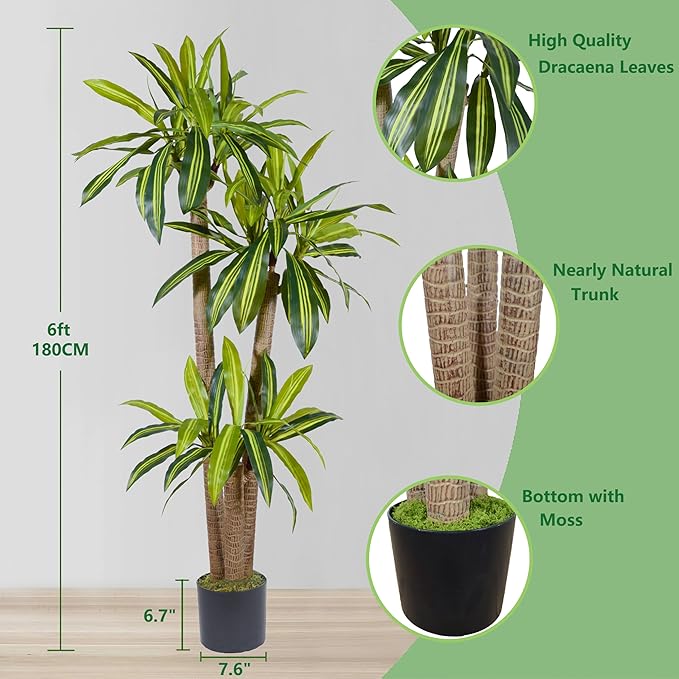 Artificial Dracaena Tree, 6ft Tall Fake Dracaena Plant with Basket, Indoor Outdoor Faux Topiary Yucca Trees for Office Home Living Room Porch Patio Décor