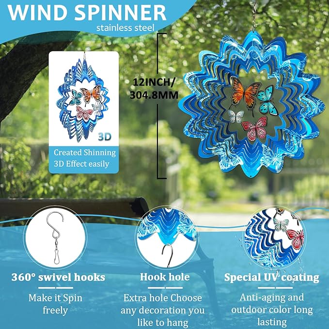 Butterfly Wind Spinners,12In Stainless Steel 3D Wind Spinner for Yard and Garden,Butterfly Gifts for Women Mom Grandma Wife Father,Outdoor & Indoor Hanging Kinetic Yard Art Decorations