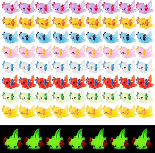 72 Pack Mini Animals Tiny Axolotl Figurines Glow in Night Bulk for Miniature Dollhouse Decor Accessories Garden Aquarium Potted Ornament Party DIY Charms Office Classroom Activity to Hide