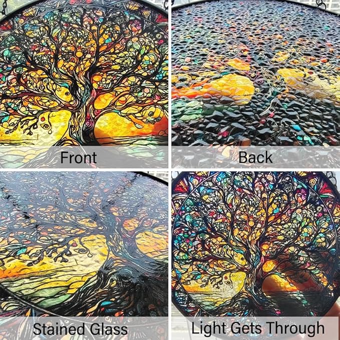 Tree of Life Sun Catcher Stained Glass Window Hanging - Handmade Suncatchers for Windows Hanging Stained Glass Suncatcher - Sun Catchers Indoor Window Wall Home Decor Glass Panel Gift for Women Men