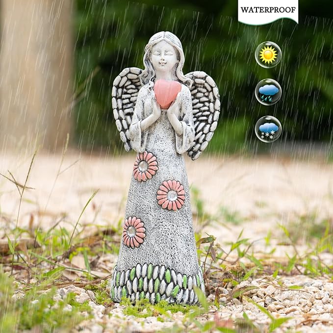 Solar Angel Garden Statue,Garden Angel Figurines,Solar Garden Sculpture with Resin Angel Decor for Patio Lawn Yard Porch Decorations,Housewarming Garden Gift,10.03inch