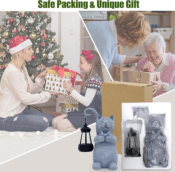 Cat Garden Statue Solar Lights Outdoor-Resin Cat Figurine for Garden Patio Balcony Porch Yard Decor, Halloween Decorations, Birthday Gifts for Women Mom Grandma, Cat Lover Housewarming Gifts