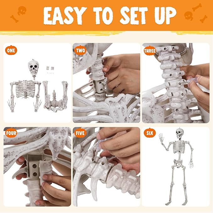 JOYIN 6.9 FT Halloween Skeleton Posable Plastic Full Body Realistic Human Bones with Movable Joints for Indoor Outdoor Halloween Props Spooky Scene Party Decorations（White, No Screwdriver）