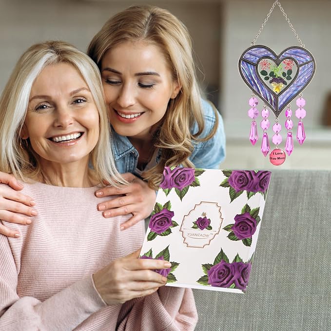 Gifts for Mom Suncatcher Heart Shaped I Love You Mom - Colored Glass Light Catcher Hanging Wind Chime Decorations Window Gifts Mother's Day Valentine's Day Birthday Christmas (Purple)