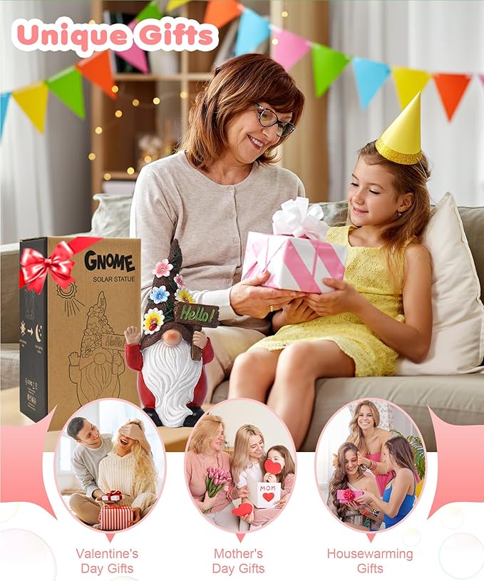 Solar Gnome Garden Statue for Decor: Outdoor Figurines Sculpture with Lights and Hello Sign for Lawn Patio Yard Balcony - for Mother Women