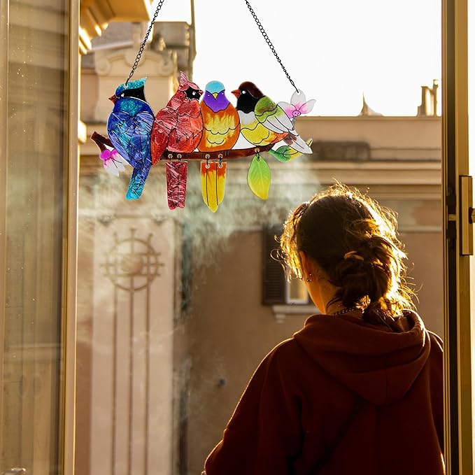 Stained Glass Window Hanging, Birds on A Branch Stain Glass Suncatcher, Hand-Painted Sun Catchers Indoor Window Decoration Bird Lover Gift for Mom, Grandma, Stocking Stuffers for Women