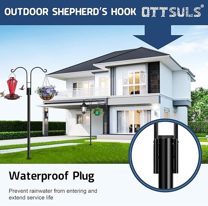 Ottsuls Bird Feeder Pole, 2 Pack 108 INCH Double Shepherds Hooks for Outdoor, Garden Pole with 5 Base Prongs Heavy Duty Planter Hooks for Hanging Plant Baskets, Lantern, Hummingbird Feeder