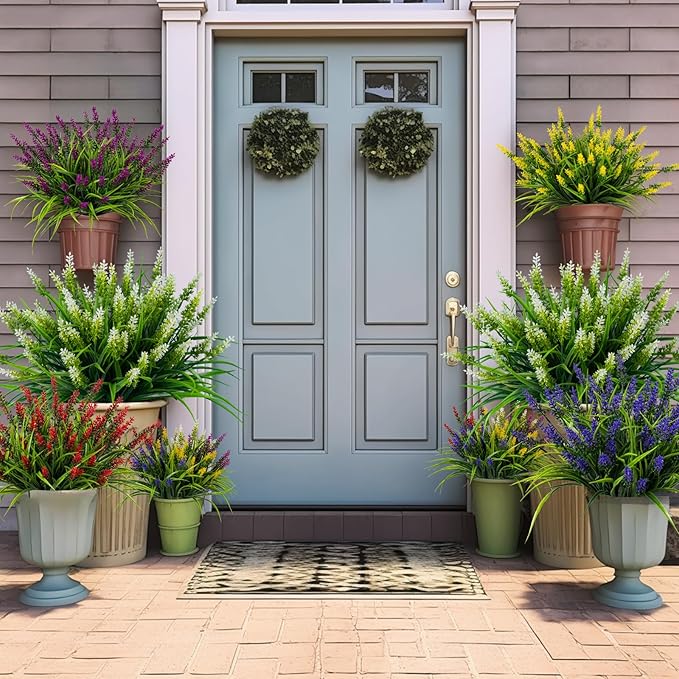 Artificial Flowers for Outdoor Plants 24 Bundles Fake Lavender Plastic Faux Monkey Grass for Verandah Window Garden Office Patio Front Porch UV Resistant for Planter(White)