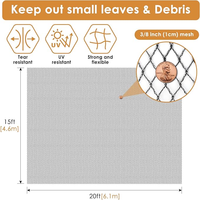 PACETAP Pond Netting Kit 15 x 20 Ft for Leaves, Heavy Duty Koi Pond Cover, Pool Protective Cover Netting with Stakes Protecting Koi Fish from Birds, Cats, Predators