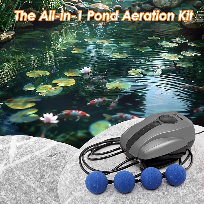 Pond Aerator Pump Pond Aeration Kit with Check Valves Air Stones Airline Tubing, All-in-1 Pond Deicer Pond Air Pumps for Outdoor Ponds up to 2000 Gallon