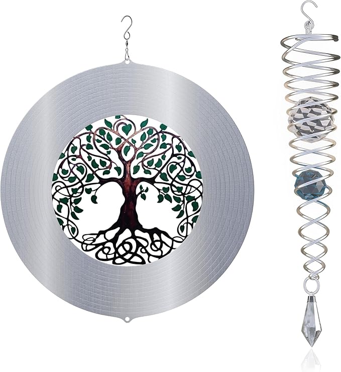 ISEO Tree of Life Wind Spinner Outdoor and Gazing Ball Set, Metal Yard and Garden Decoration, Weather-Resistant Wind Spinners for Outdoor, 6.5" Cool Garden Décor, Perfect Wind Spinner Gift