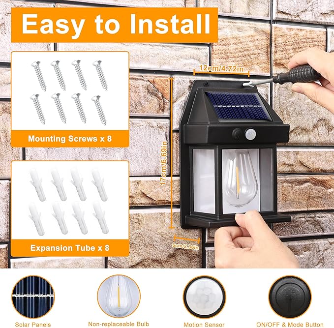 Joomer Solar Wall Lights Outdoor 4PACK, Dusk to Dawn Porch Lights Fixture, Waterproof Exterior Lighting with Clear Panel for Entryway Front Door, Solar Wall Lantern with 3 Modes & Motion Sensor