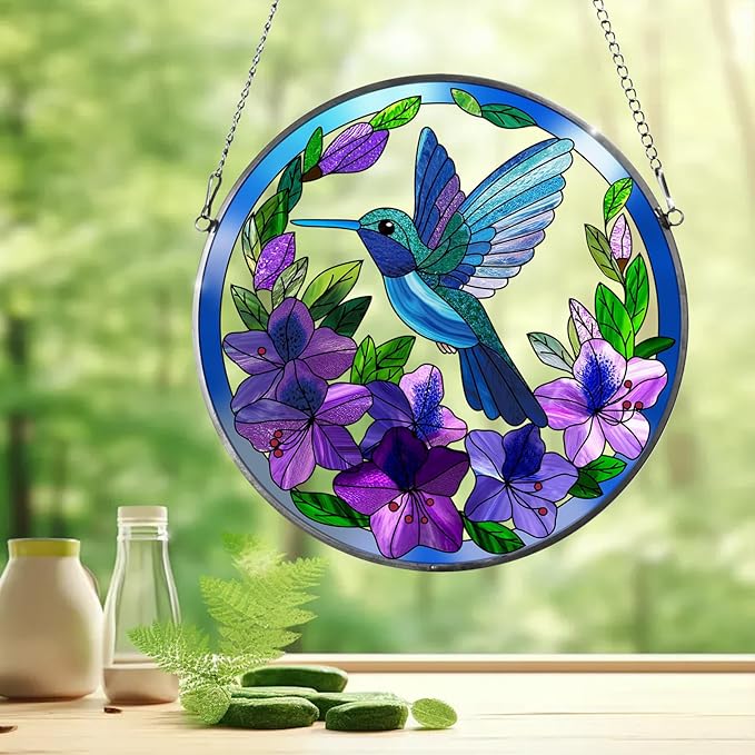 Stained Glass Sun Cather for Window Hanging, 8.6'' Hummingbird Window Ornament for Indoor Outdoor, Hand Painted Stain Glass Gift for Women, Bird Nature Lovers