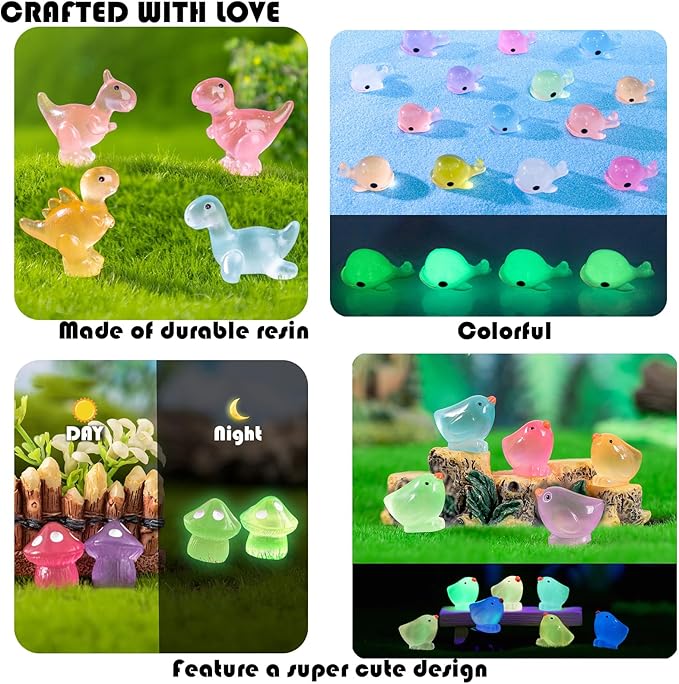 Mini Resin Animals Figures to Hide 100Packs Luminous Tiny ducks Dinosaurs Miniature Figurines Glow in The Dark for Fairy Garden Dollhouse Micro Landscape Aquarium Potted Party Favor Decor (100)