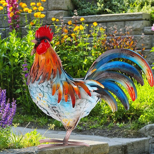 Metal Rooster Decor Garden Statue,Yard Chicken Decorations Outdoor Sculpture for Backyard Patio Kitchen Lawn Ornaments,Birthday for Women Mom