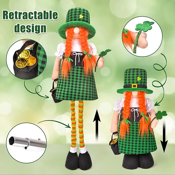 Large St Patricks Day Gnome Plush Decorations Outdoor, Cute Standing Saint Patricks Day Gnomes Gift Decor with Retractable Spring Legs, Placed Outside Yard/Porch/Garden/Indoor/Home/Office