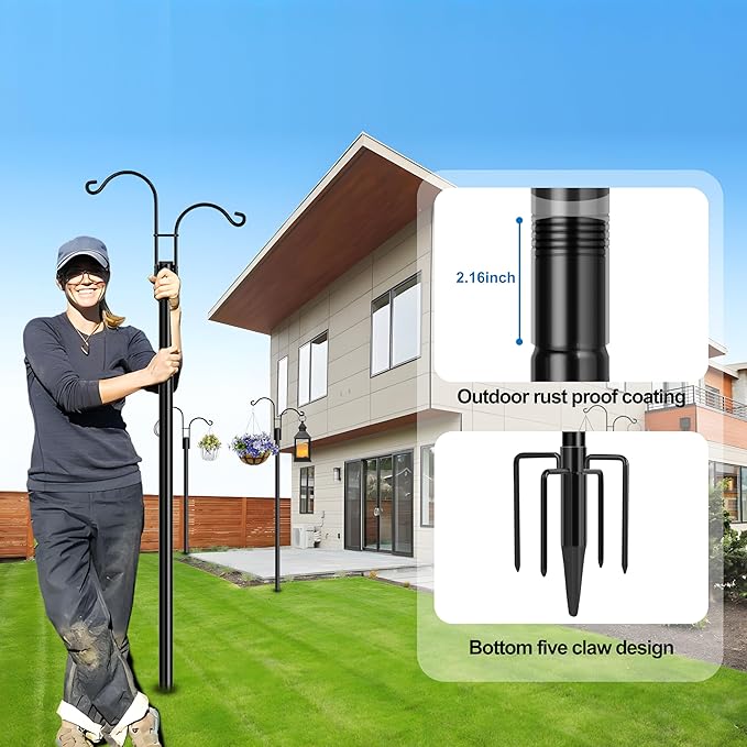 Ottsuls Bird Feeder Pole, 2 Pack 76 INCH Double Shepherds Hooks for Outdoor, Garden Pole with 5 Base Prongs Heavy Duty Planter Hooks for Hanging Plant Baskets, Lantern, Hummingbird Feeder