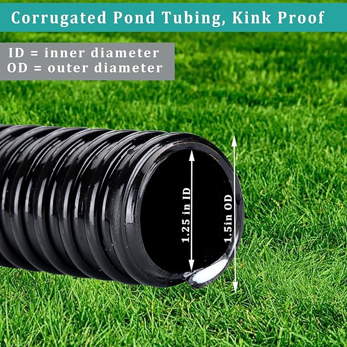 Pond Hose ID 1-1/4” × 50ft Black Corrugated Flexible Reinforced PVC Hose Vinyl Tubing for Pond Pump Fountain Garden Waterfall, Non-toxic & Kinkproof, with 2 clamps