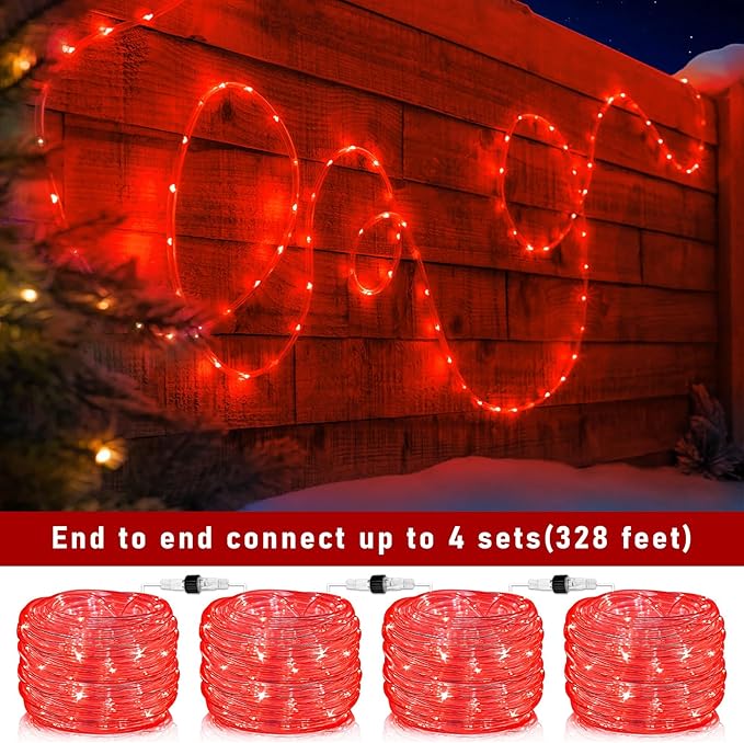 Rope Lights for Outside, 100FT 300 LED Plug in Christmas Lights Outdoor with Waterproof 8 Modes, Connectable String Twinkle Light for Indoor House Patio Garden Pool Wedding Decorations, Red