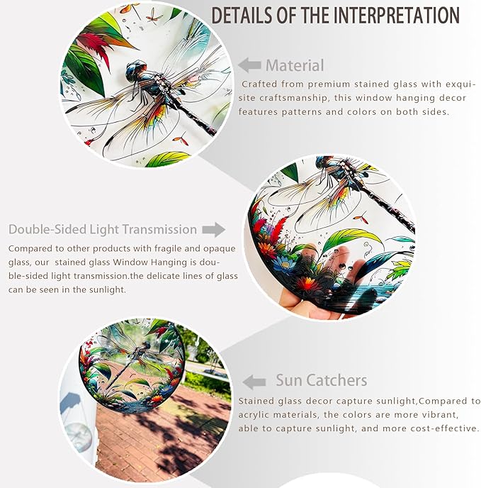 RIVEENY Stained Glass Window Hangings, 8" Stained Glass Decorations, Dragonfly Suncatcher for Indoor Garden Window Home Decor Dragonfly Gifts for Grandma,Mom