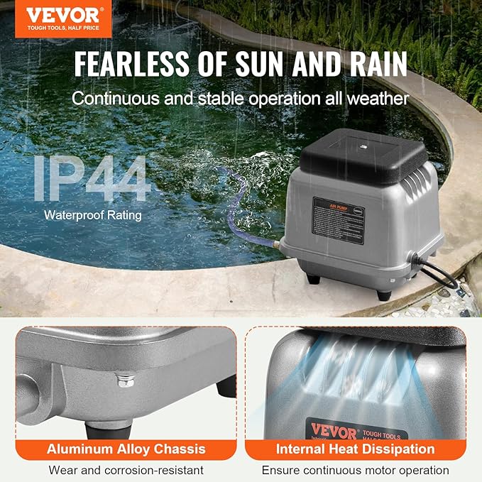 VEVOR Linear Air Pump, 109L/Min Air Flow Septic Aerator Pump, Aeration System for 1/2 Acre 10 FT Deep Ponds, Water Gardens, Waste Treatments, Septic Tanks, Aquariums, Seafood Restaurants, Fish Farms
