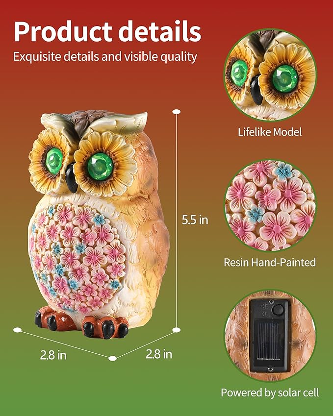 Hand-Painted Resin Owl Figurine with Glow-in-The-Dark Eyes, Solar-Powered Garden Decor 5.5'' Lawn Ornaments Statue Gardening Gifts for Outside Yard Art Patio (Owl)