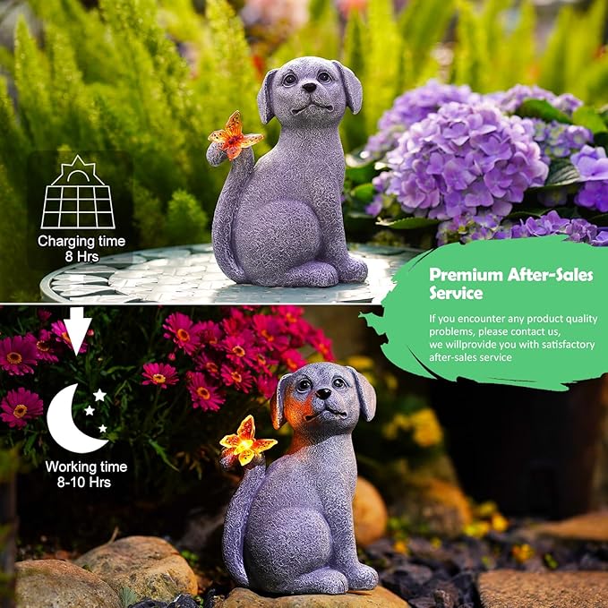 Garden Decor Solar Dog Statues: Outdoor Sculptures with Glowing Butterfly for Lawn Ornaments Yard Art Porch Patio Balcony - Gifts for Mom Grandma Women
