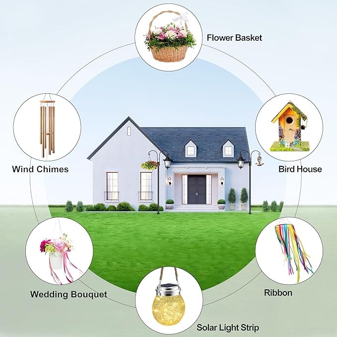 Ottsuls Bird Feeder Pole, 2 Pack 92 INCH Double Shepherds Hooks for Outdoor, Garden Pole with 5 Base Prongs Heavy Duty Planter Hooks for Hanging Plant Baskets, Lantern, Hummingbird Feeder