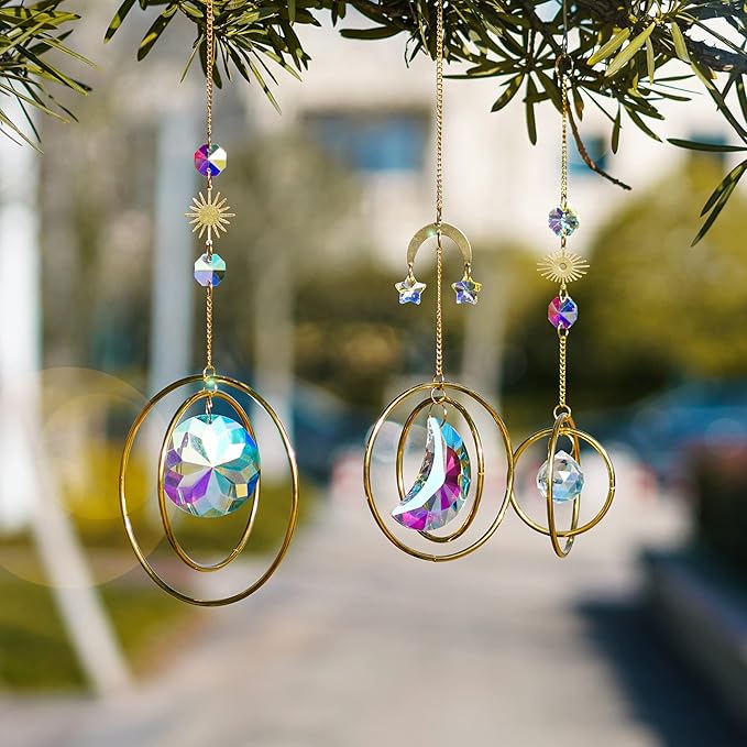 Set 3 Crystal Hanging Decorations - Sun & Moon Rainbow Crystal Suncatcher Window Car Hanging Prisms Ornament Pendant,Boho Love Wall Decoration,Home Garden Decor Gift