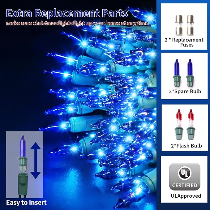 Ultra-Bright Connects End to End Blue Christmas Mini Lights 100L 19.6Ft UL Listed Incandescent Bulb String Light Set for Indoor Outdoor Holiday Garden Party Christmas Tree Garland Decor