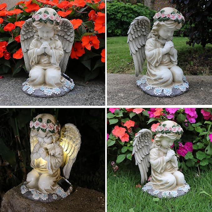 Praying Angels Figurine,Solar Garden Angel Statues, Waterproof Kneeling Angel Sculpture, Outdoor Decor Ornament for Patio Lawn Yard Balcony, Garden Gift