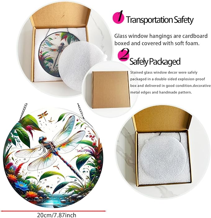 RIVEENY Stained Glass Window Hangings, 8" Stained Glass Decorations, Dragonfly Suncatcher for Indoor Garden Window Home Decor Dragonfly Gifts for Grandma,Mom