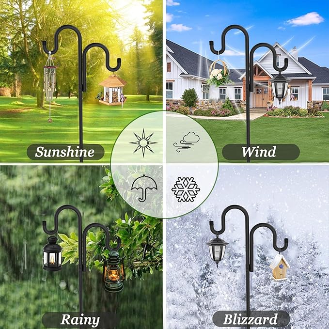 Double Shepherds Hooks for Outdoor, Bird Feeder Pole with 5 Prongs Base, Heavy Duty Garden Hook for Lantern, Wind Chime and Hummingbird Feeder, 92 Inch, 2 Pack