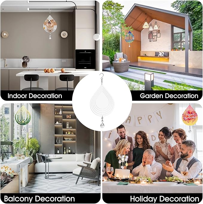 Sublimation Wind Spinner Blanks 8 Inch 4 Pack Wind Spinners Sublimation Blanks with Crystal Pendant Aluminum Metal Wind Spinners for Yard Garden Indoor Outdoor Window Porch Decoration（Waterdrop