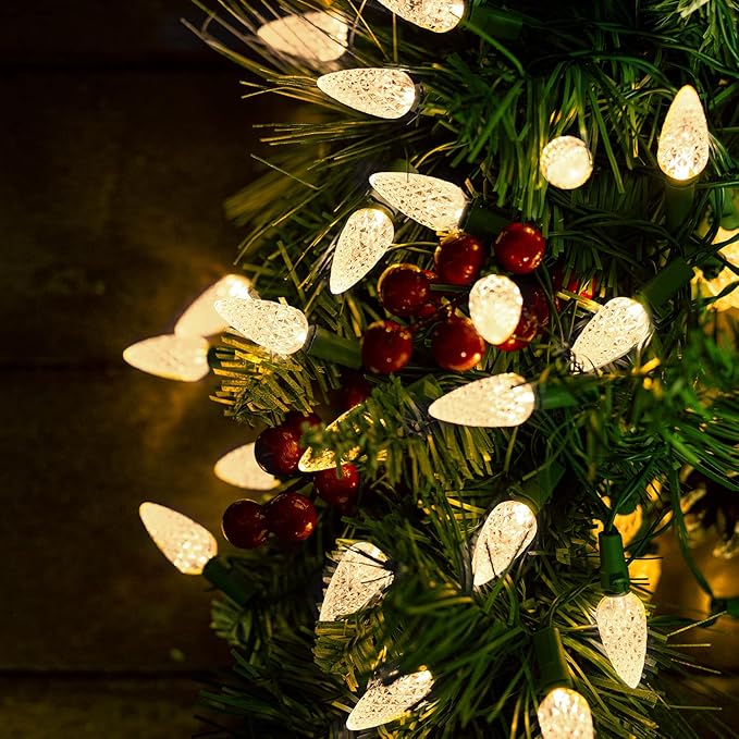 2PC C6 Led Christmas String Lights, 60 Led 20FT Battery Operated Strawberry Lights, Waterproof 8 Lighting Modes Fairy Lights for Indoor Outdoor Patio Garden Party X-mas Decoration(Warm White)