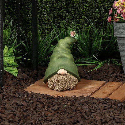 Alpine Corporation QWR1440 Gnome Head with Sculpted Rope Beard and Flower on Hat, Playful Décor for Garden & Patio, 10" H, Green
